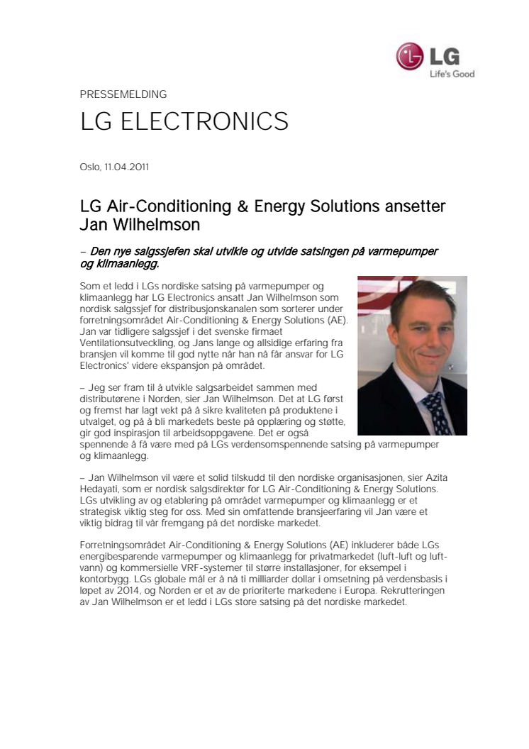 LG Air-Conditioning & Energy Solutions ansetter Jan Wilhelmson