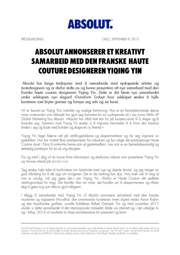Absolut annonserer et kreativt samarbeid med den franske  haute coture designeren Yiqing Yin