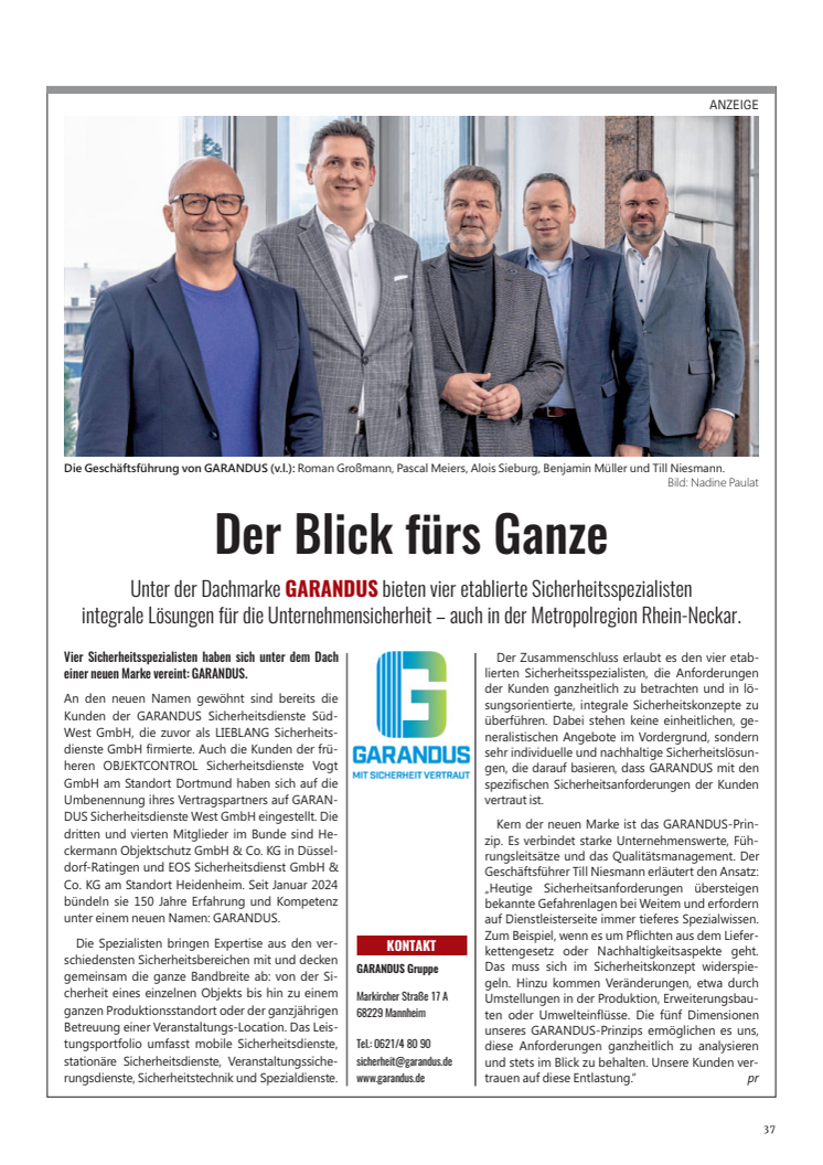 Unternehmensprofil GARANDUS Quelle: econo Rhein-Neckar