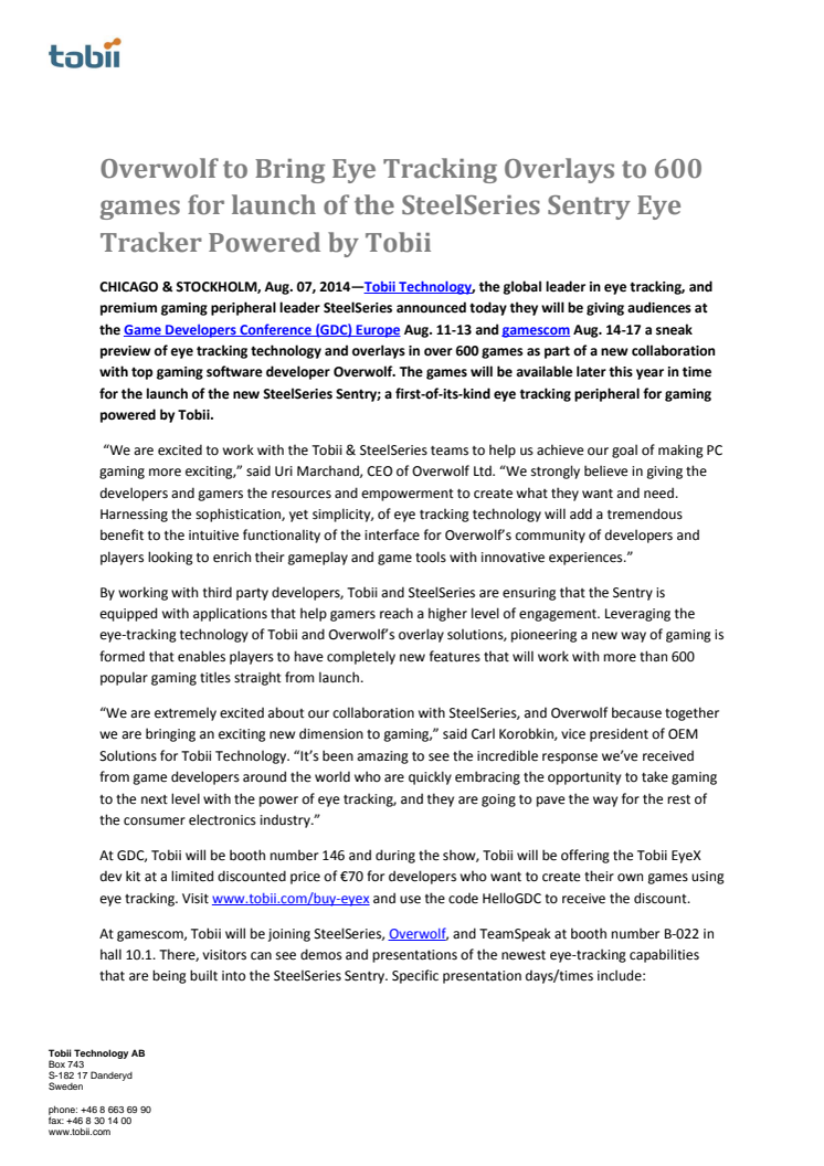 Overwolf to Bring Eye Tracking Overlays to 600 games for launch of the SteelSeries Sentry Eye Tracker Powered by Tobii
