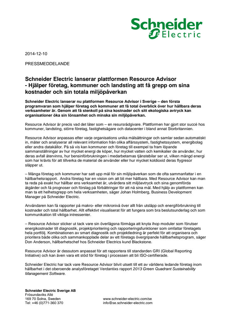 Schneider Electric lanserar plattformen Resource Advisor - Hjälper företag, kommuner och landsting att få grepp om sina kostnader och sin totala miljöpåverkan