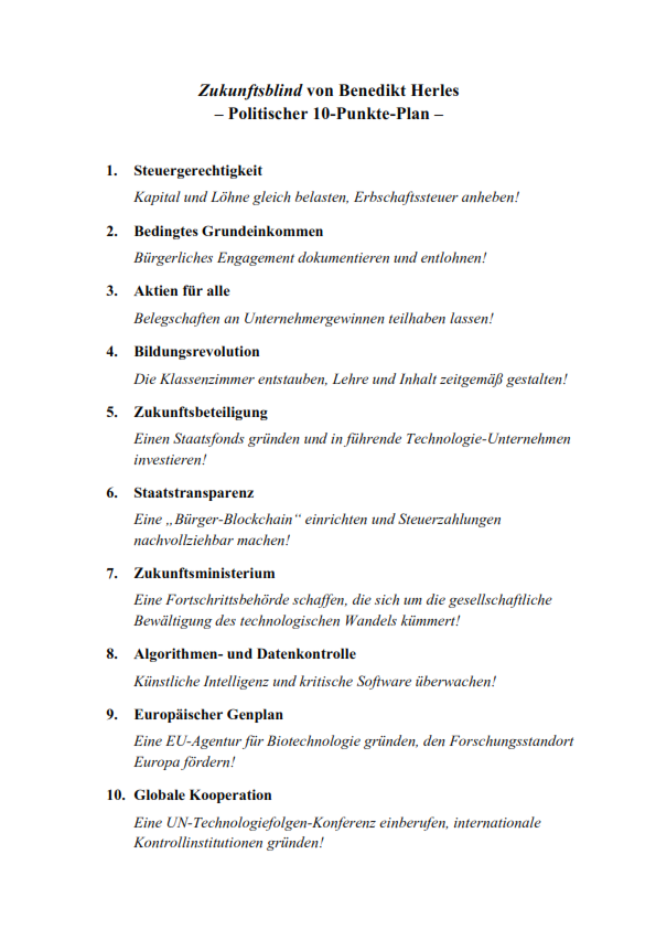 Zukunftsblind, Benedikt Herles' 10-Punkte-Plan