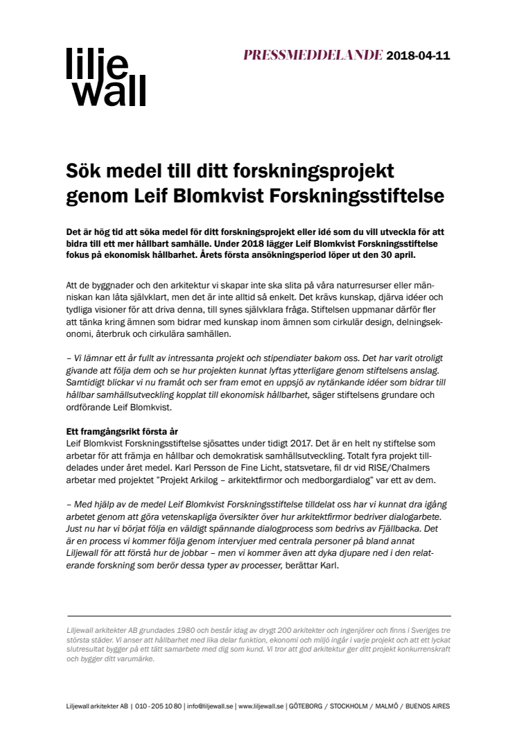 Sök medel till ditt forskningsprojekt genom Leif Blomkvist Forskningsstiftelse