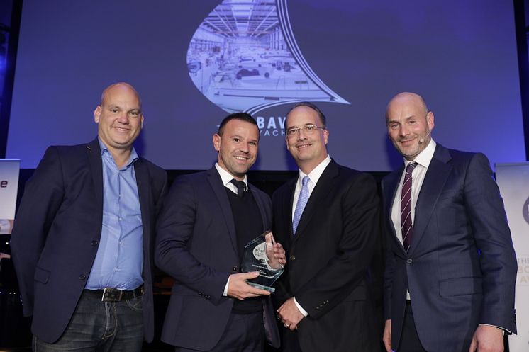 Hi-res image - Dometic - Ned Trigg, Executive Vice President, Marine division, Dometic USA (second right) presents the Innovation in a Production Process award at the IBI METSTRADE Boat Builder Awards to Bavaria Yachtbau