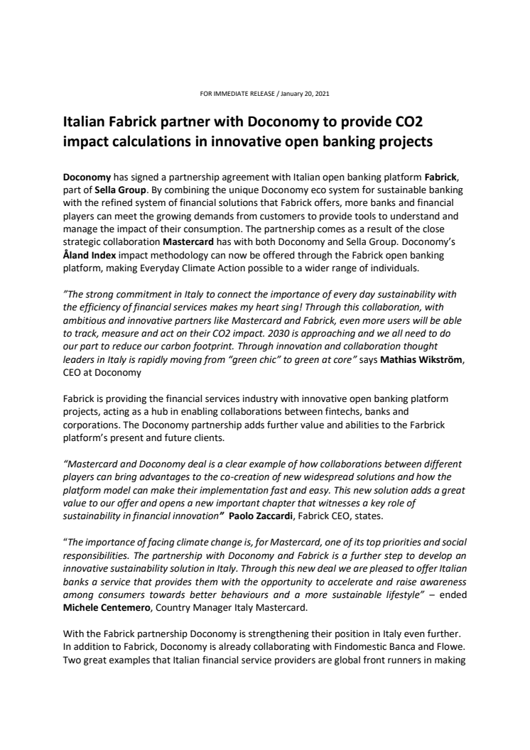 Italian Fabrick partner with Doconomy to provide CO2 impact calculations in innovative open banking projects