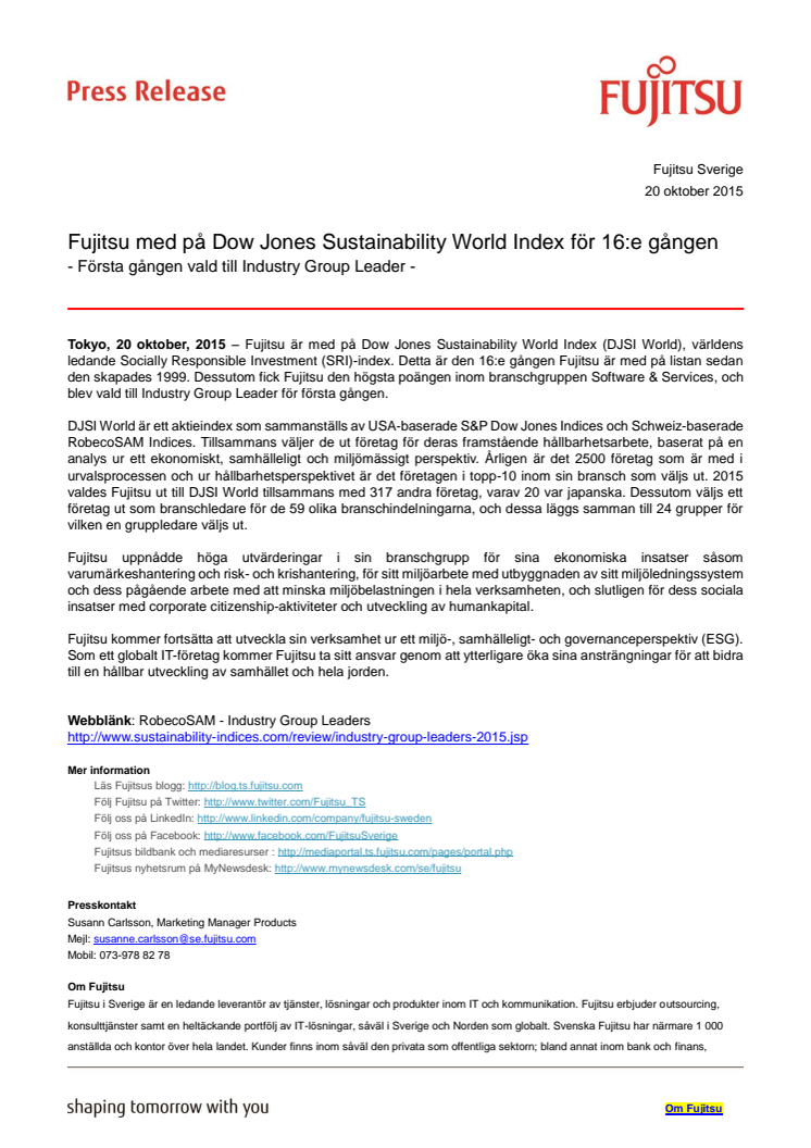 Fujitsu med på Dow Jones Sustainability World Index för 16:e gången