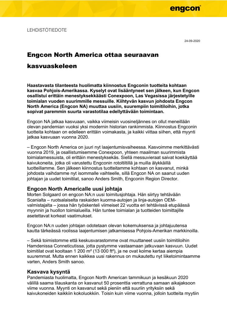 Engcon North America ottaa seuraavan kasvuaskeleen