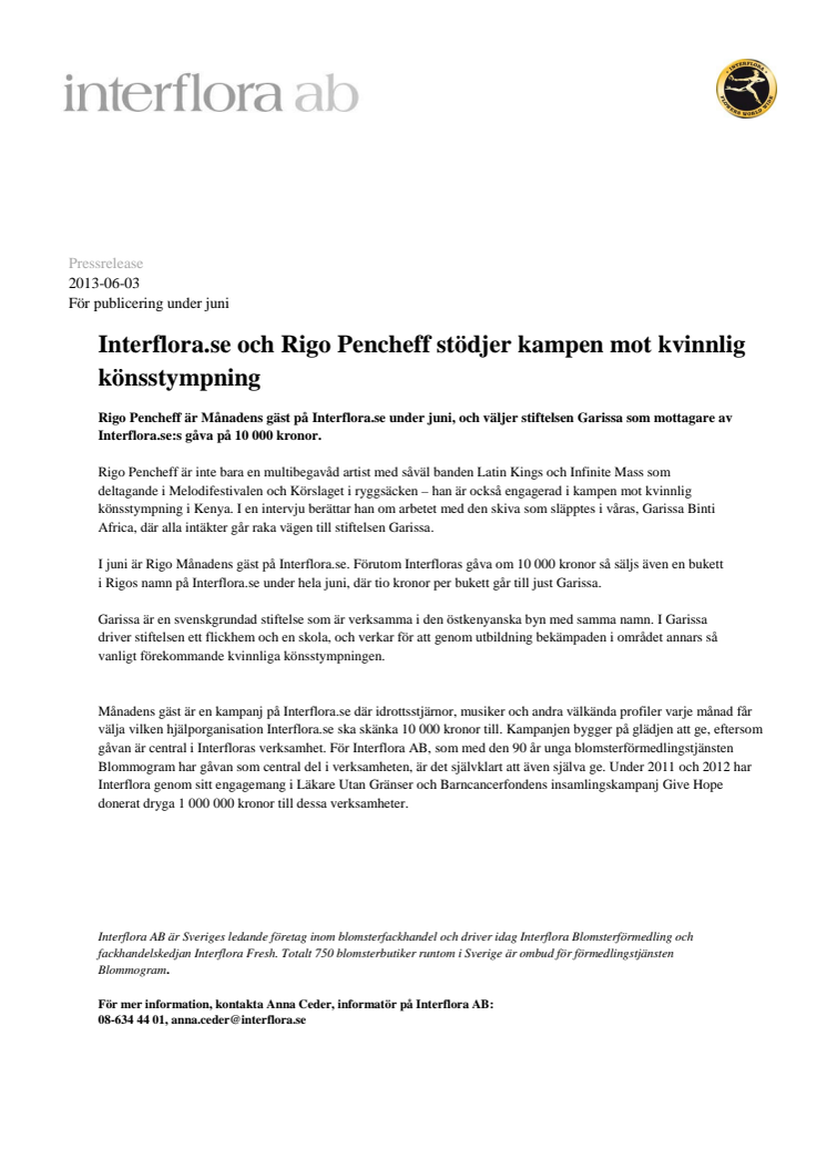 Interflora.se och Rigo Pencheff stödjer kampen mot kvinnlig könsstympning