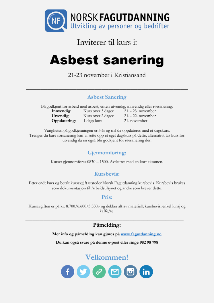 Asbest saneringskurs i Kristiansand - oppstart 21 november 2017