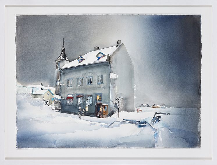 Hus i gråväder av Lars Lerin