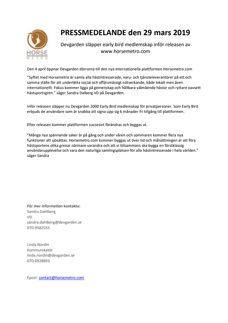 Devgarden släpper early bird medlemskap inför releasen av www.horsemetro.com  
