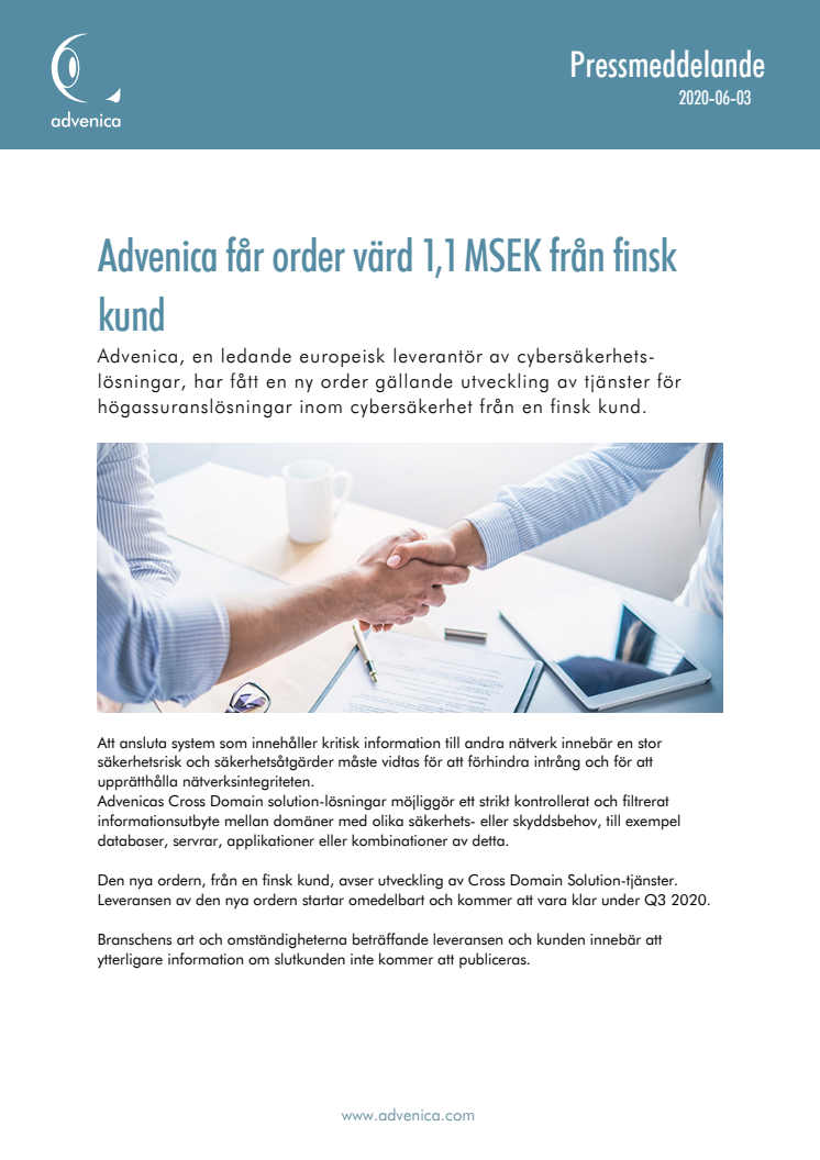 Advenica får order värd 1,1 MSEK från finsk kund