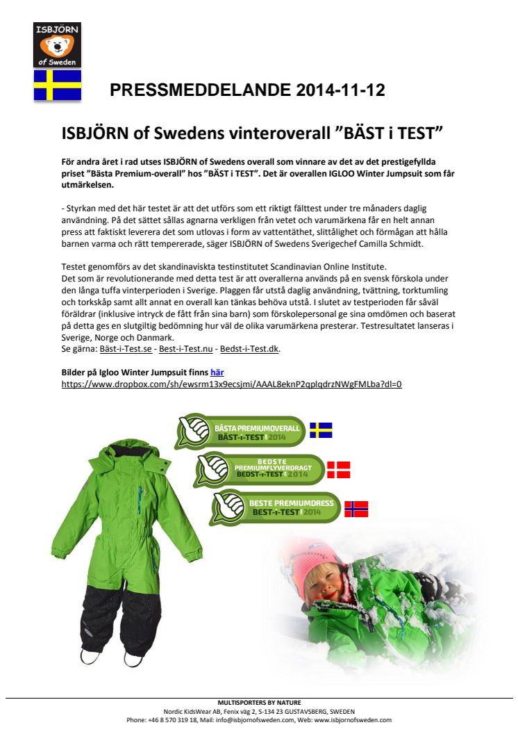 ISBJÖRN of Swedens vinteroverall ”BÄST i TEST”