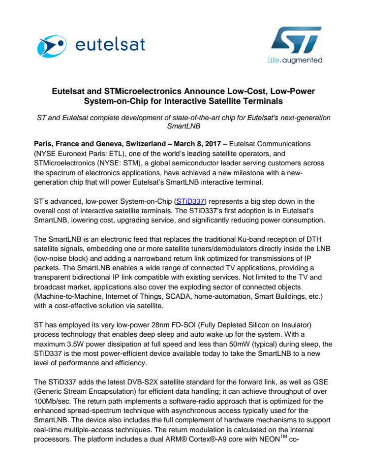 Eutelsat and STMicroelectronics Announce Low-Cost, Low-Power System-on-Chip for Interactive Satellite Terminals