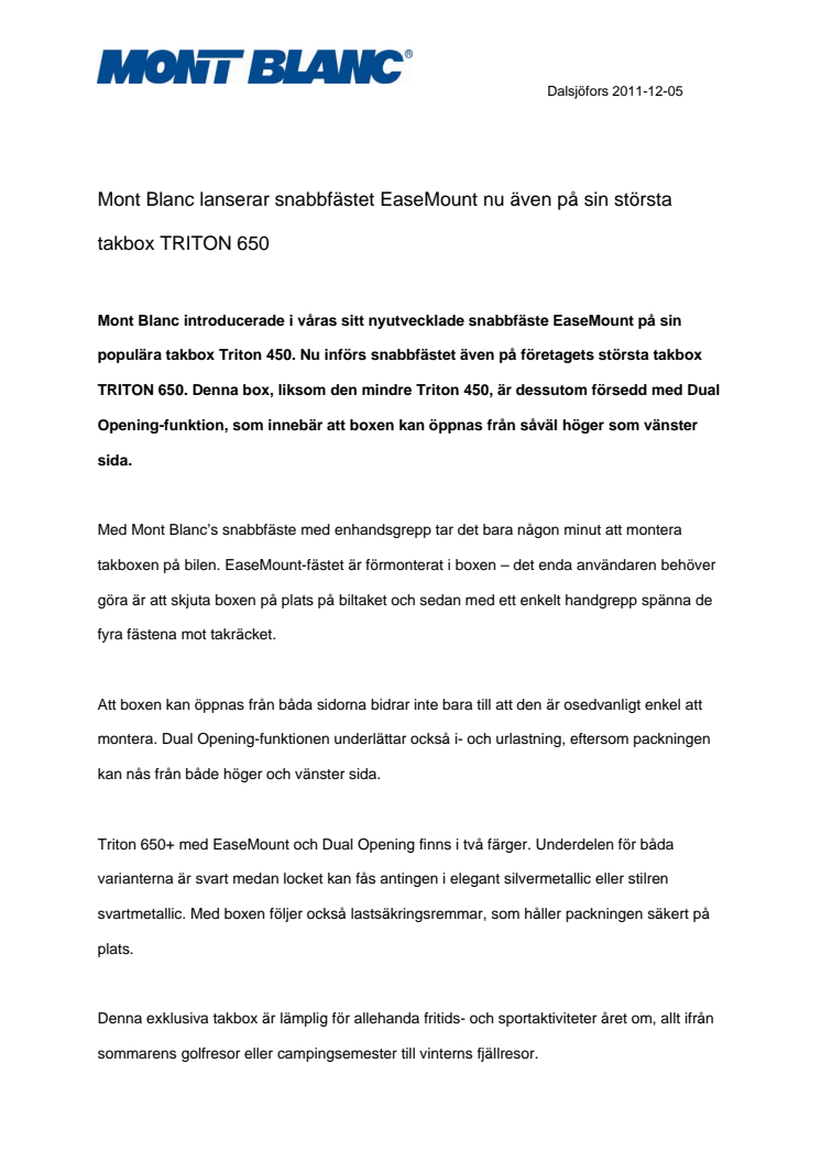 Mont Blanc lanserar snabbfästet EaseMount nu även på sin största takbox TRITON 650