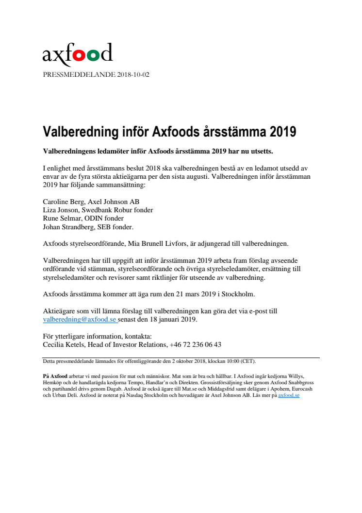 Valberedning inför Axfoods årsstämma 2019