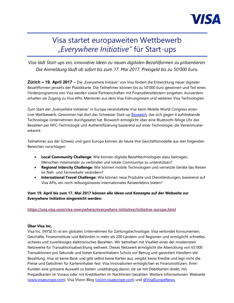 Visa startet europaweiten Wettbewerb „Everywhere Initiative“ für Start-ups 