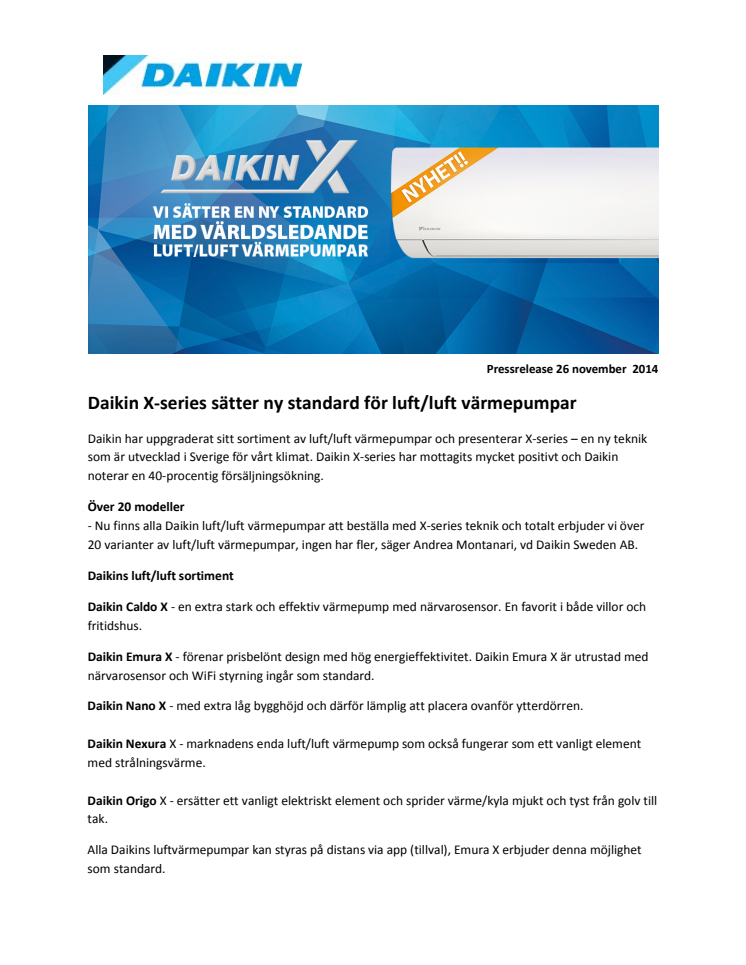 Daikin X-series sätter ny standard för luft/luft värmepumpar