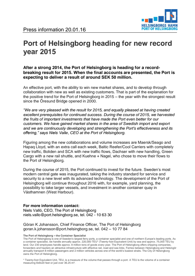 Port of Helsingborg heading for new record year 2015