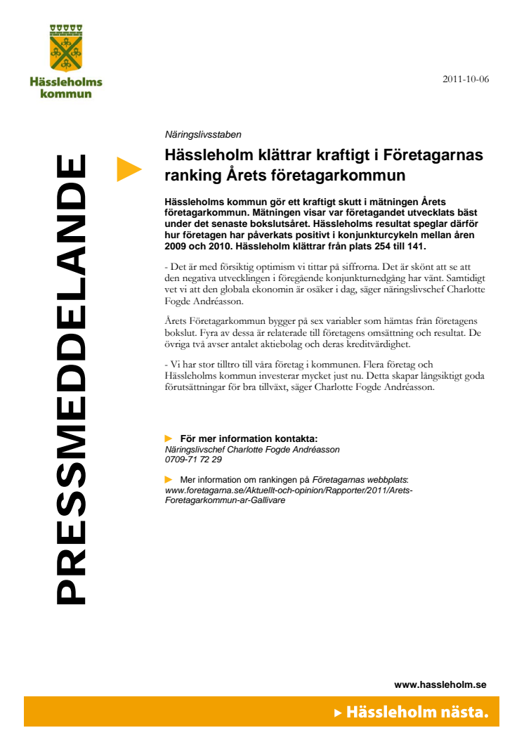 Hässleholm klättrar kraftigt i Företagarnas ranking Årets företagarkommun