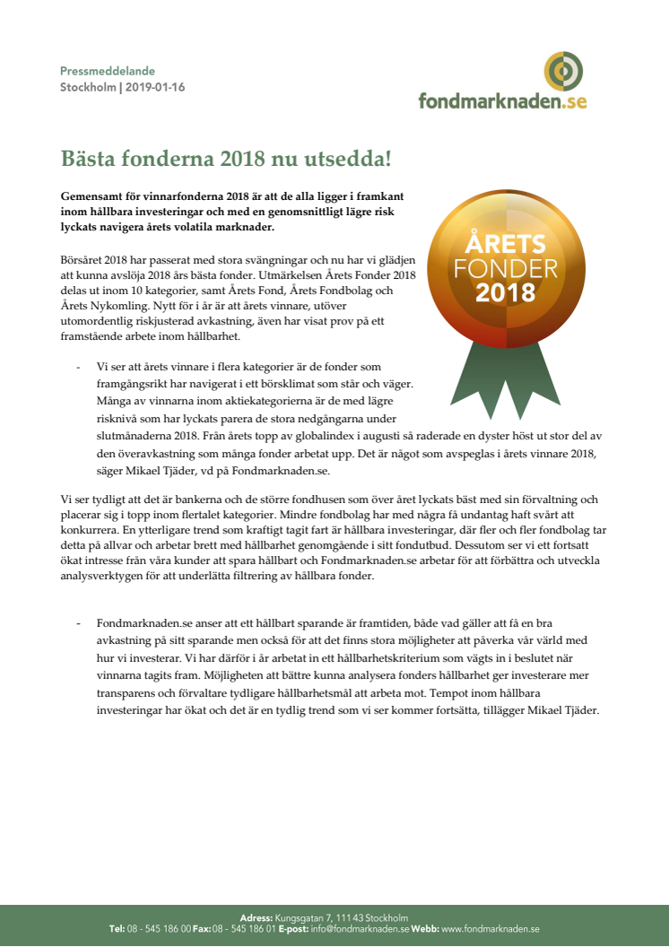 Bästa fonderna 2018 nu utsedda!