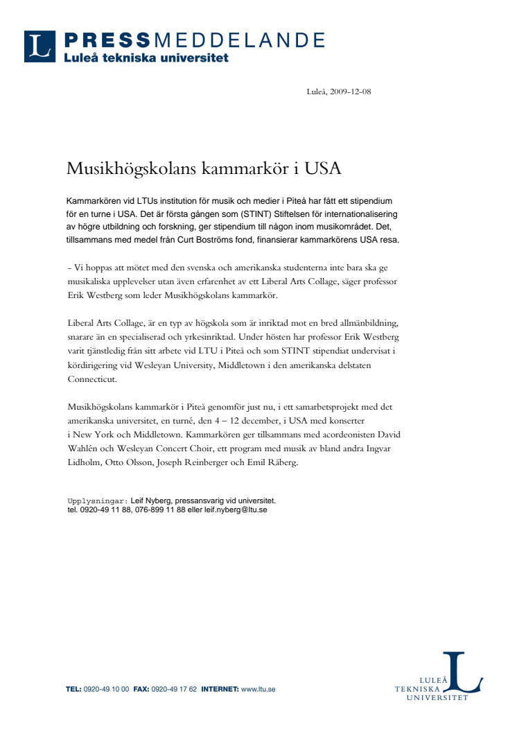 Musikhögskolans kammarkör på turne i USA 