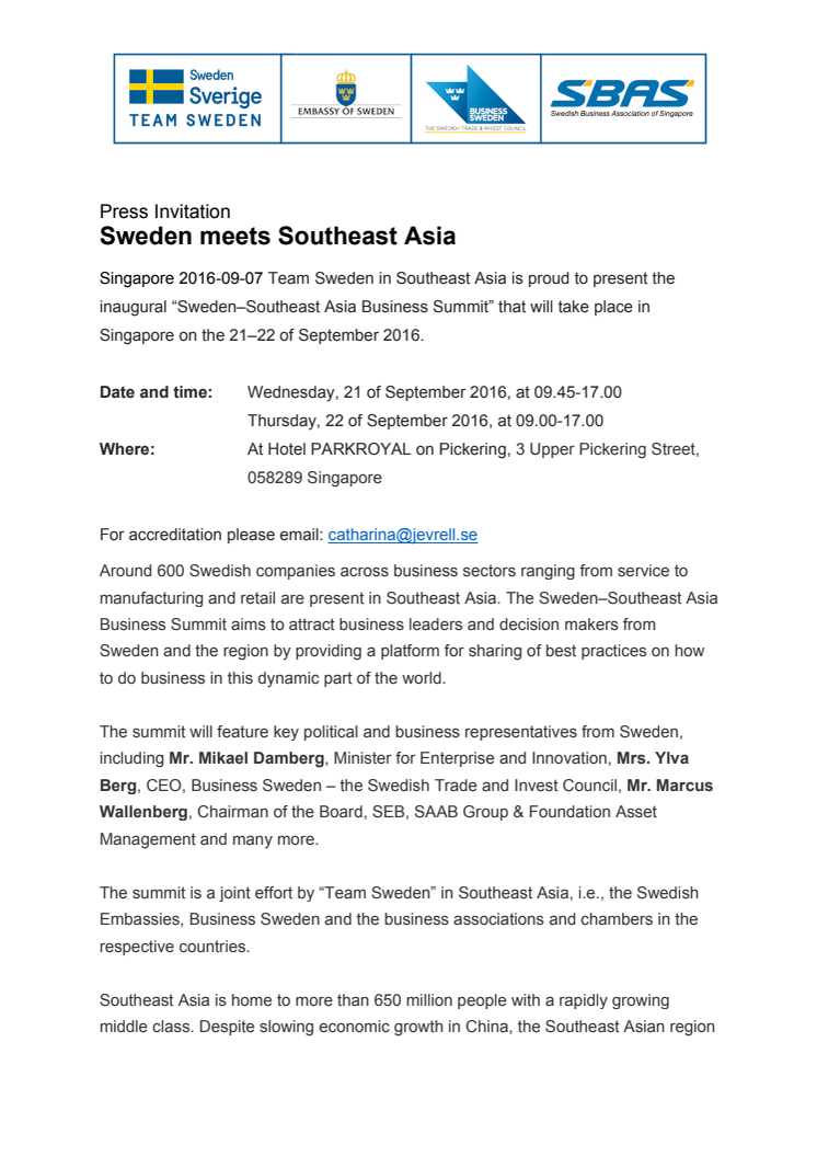 Press Invitation: Sweden meets Southeast Asia