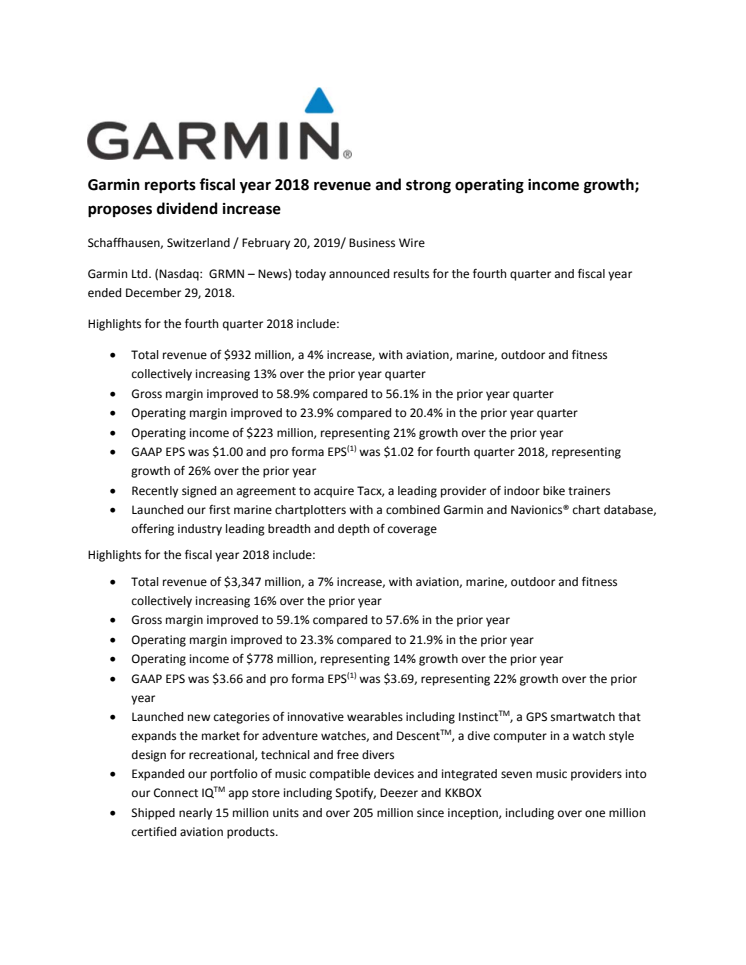 Garmin erzielt 2018 erneut ein starkes Wachstumsjahr