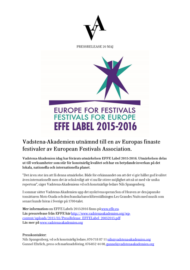 Vadstena-Akademien utnämnd till en av Europas finaste festivaler av European Festivals Association. 