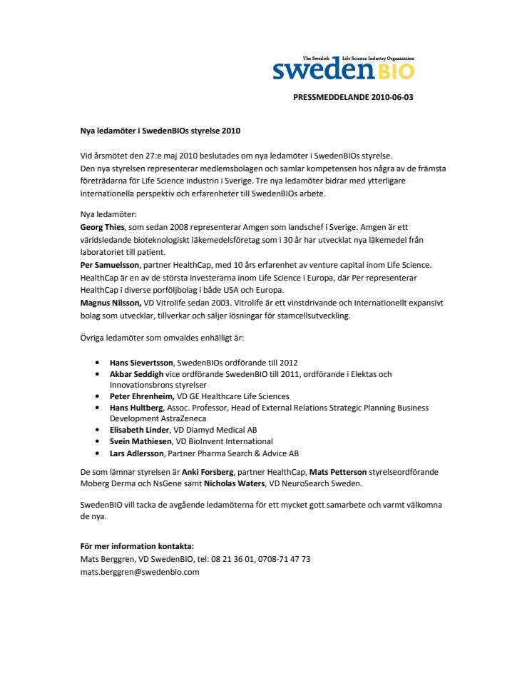 Nya ledamöter i SwedenBIOs styrelse 2010