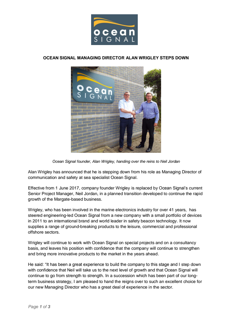 Ocean Signal: Ocean Signal Managing Director Alan Wrigley Steps Down
