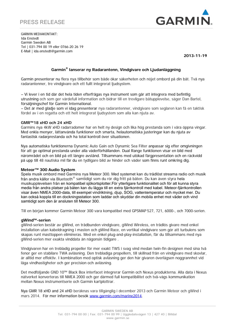 Garmin® lanserar ny Radarantenn, Vindgivare och Ljudanläggning