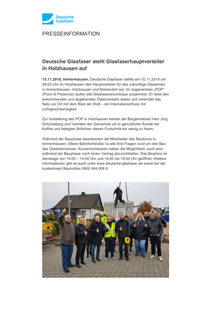Deutsche Glasfaser stellt Glasfaserhauptverteiler in Holzhausen auf 