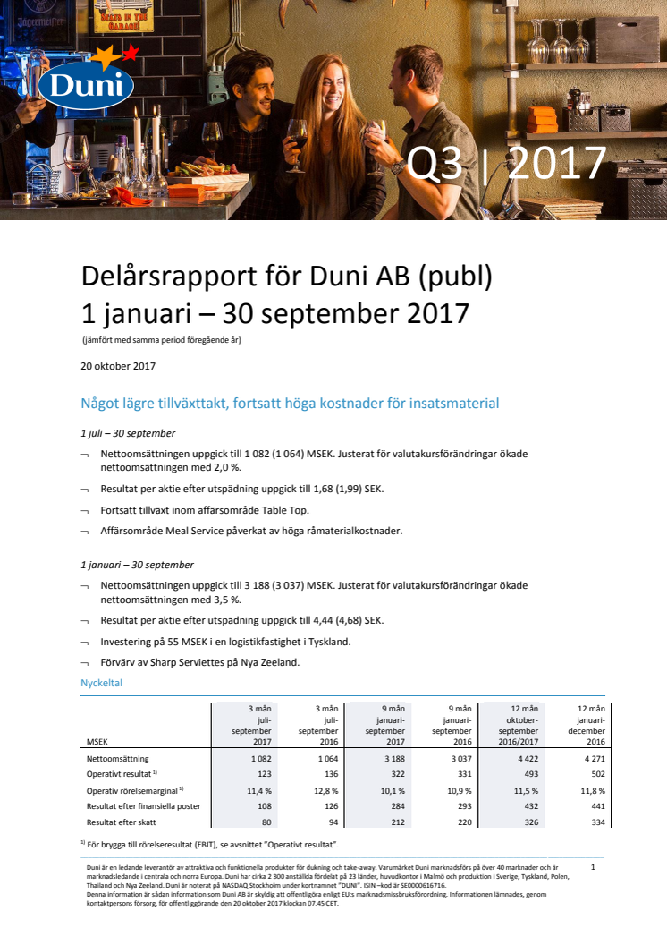 Delårsrapport för Duni AB (publ) 1 januari – 30 september 2017