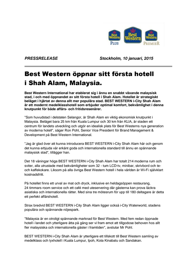 Best Western öppnar sitt första hotell i Shah Alam, Malaysia.