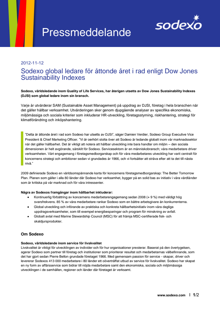 Sodexo global ledare för åttonde året i rad enligt Dow Jones Sustainability Indexes