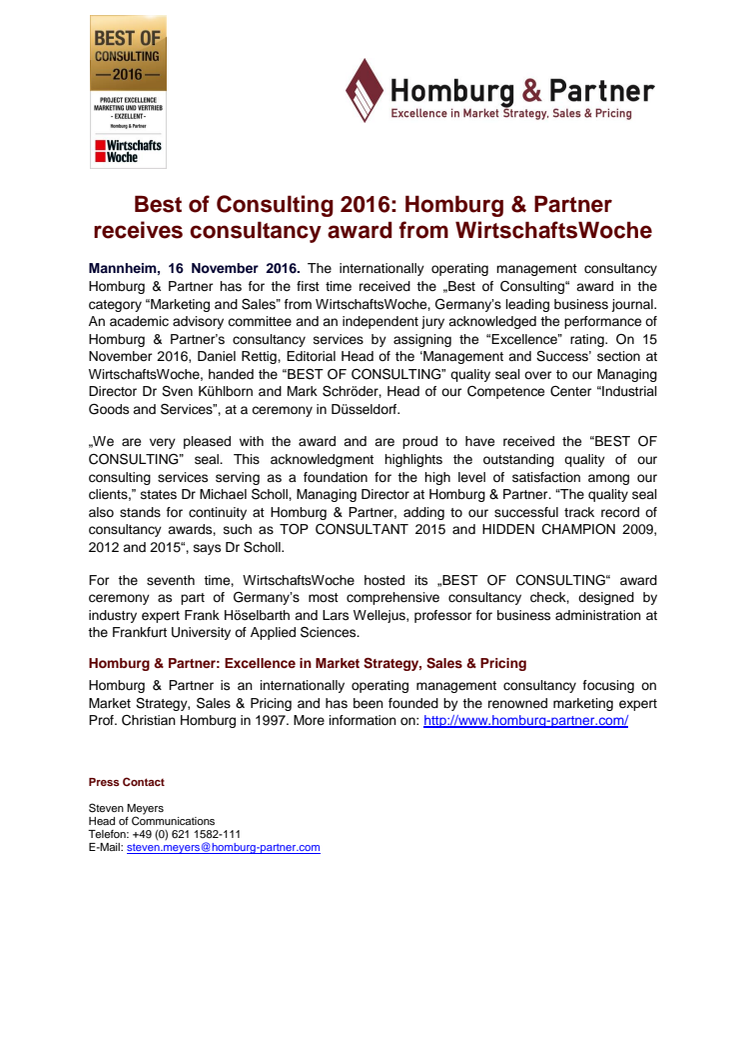 Best of Consulting 2016: Homburg & Partner receives consultancy award from WirtschaftsWoche 