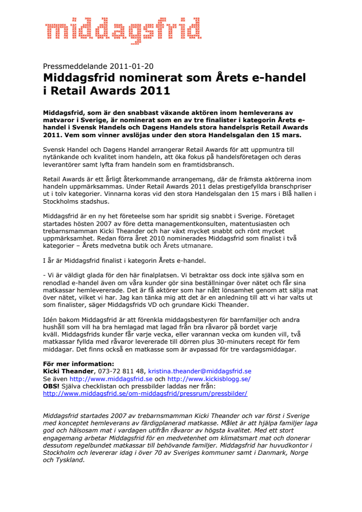Middagsfrid nominerat som Årets e-handel i Retail Awards 2011