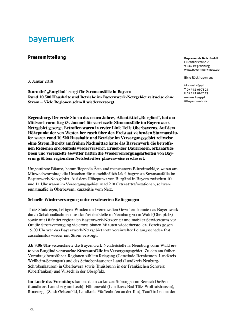 Sturmtief „Burglind“ sorgt für Stromausfälle in Bayern