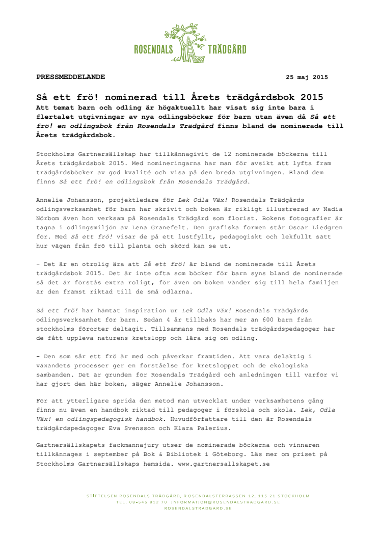 Så ett frö! nominerad till Årets trädgårdsbok 2015