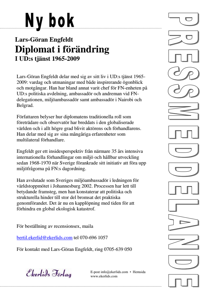 Ny bok: Diplomati i förändring - i  UD:s tjänst 1965-2009 av Lars-Göran Engfeldt