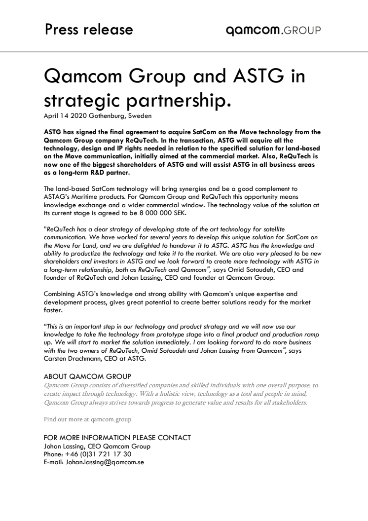 Qamcom Group and ASTG in strategic partnership. 