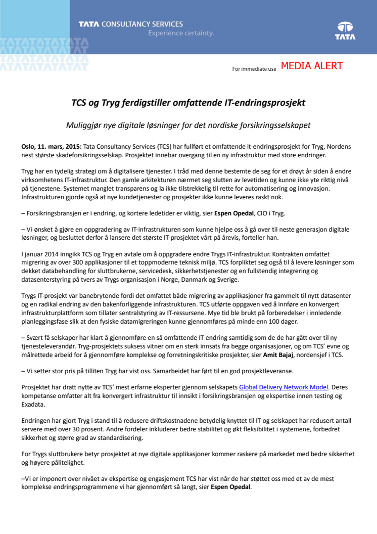 TCS og Tryg ferdigstiller omfattende IT-endringsprosjekt