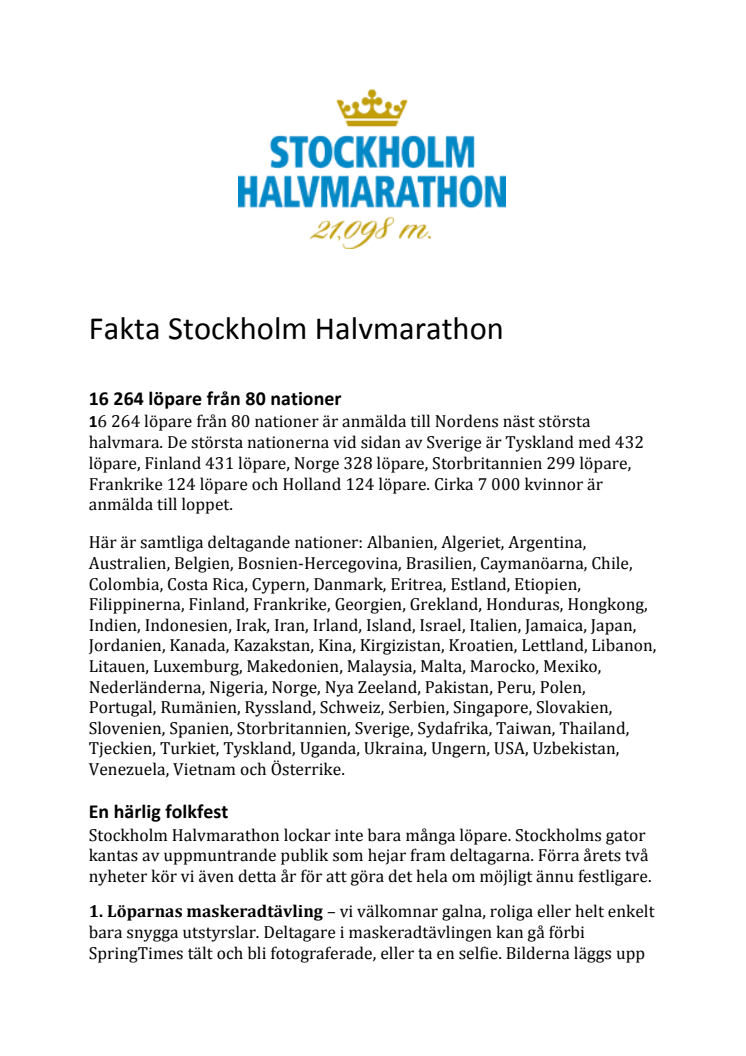 Pressfakta Stockholm Halvmarathon 2015
