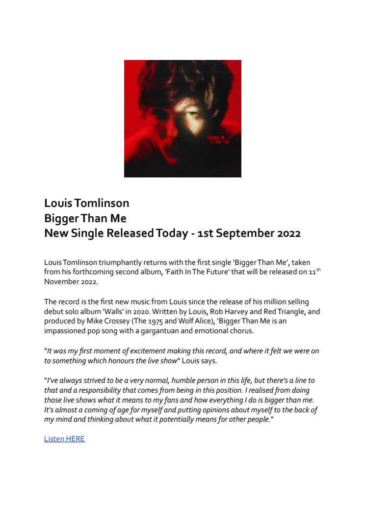 Louis Tomlinson "Better Than Me" - engelsk pressrelease