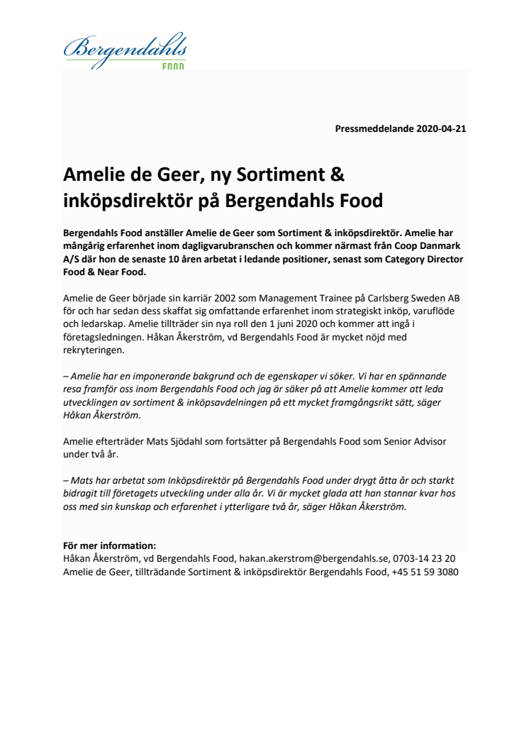 Amelie de Geer, ny Sortiment & inköpsdirektör på Bergendahls Food