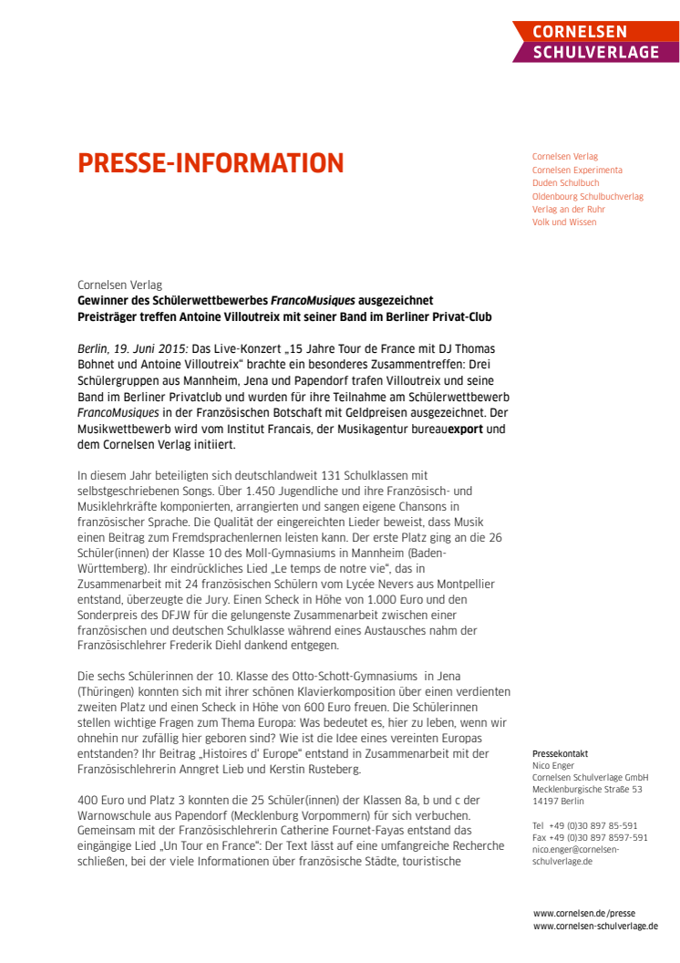 Gewinner des Schülerwettbewerbes FrancoMusiques in der Französischen Botschaft ausgezeichnet / Preisträger treffen Antoine Villoutreix mit seiner Band im Berliner Privat-Club