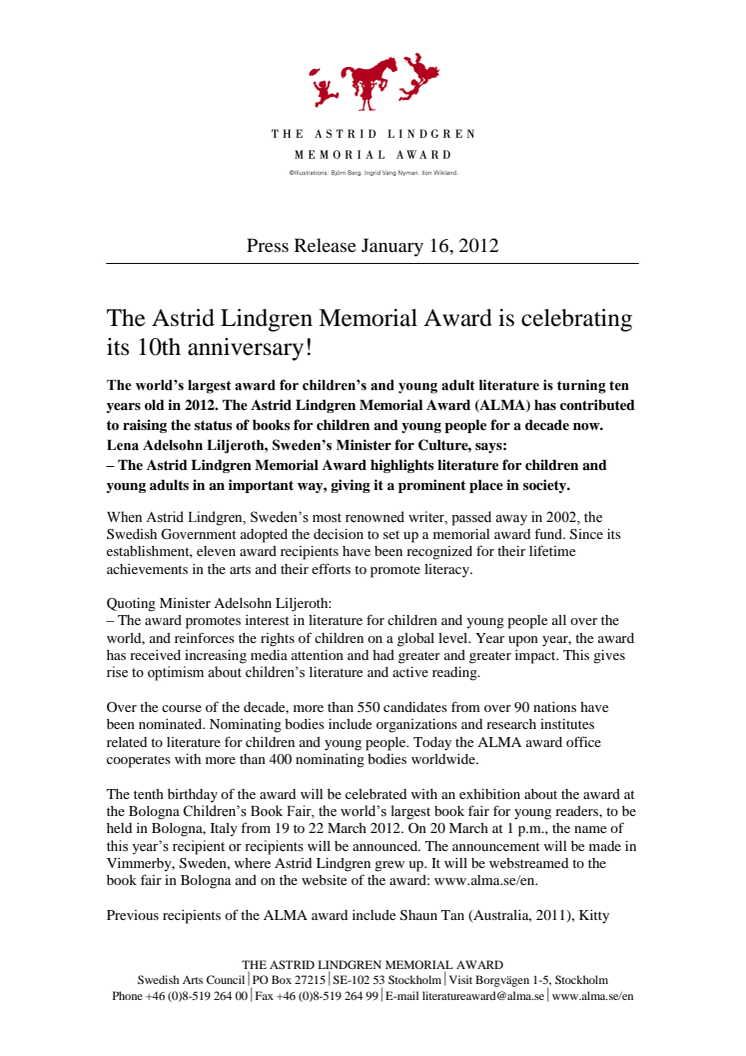 The Astrid Lindgren Memorial Award is celebrating its 10th anniversary!