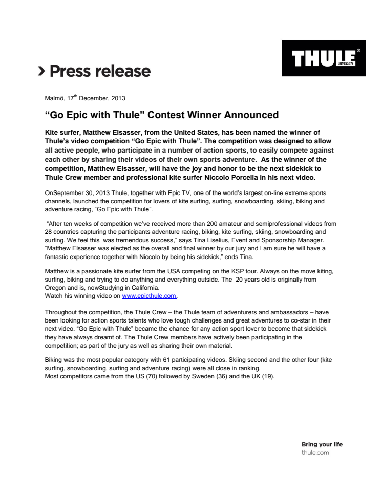 “Go Epic with Thule” Contest Winner Announced 