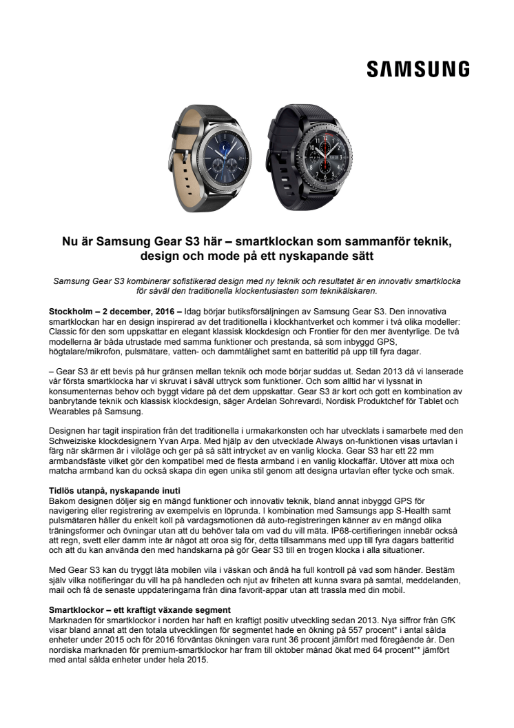 Nu är Samsung Gear S3 här – smartklockan som sammanför teknik, design och mode på ett nyskapande sätt